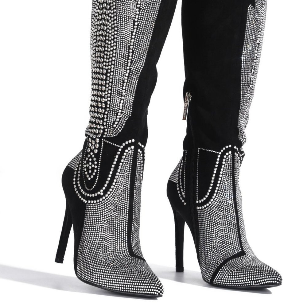 OLKLEY LIVIN LARGE BLACK RHINESTONE / STUDDED HIGH  HEEL POINTED WESTERN BOOTS